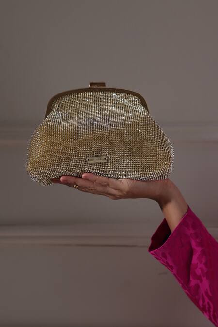Shop_Mir Kash_Gold Rhinestones Embellished Clutch _Online_at_Aza_Fashions