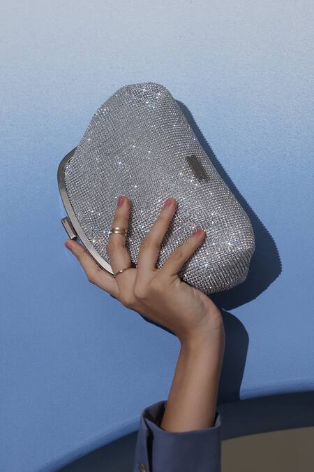 Shop_Mir Kash_Silver Rhinestones Clear Embellished Clutch _Online_at_Aza_Fashions