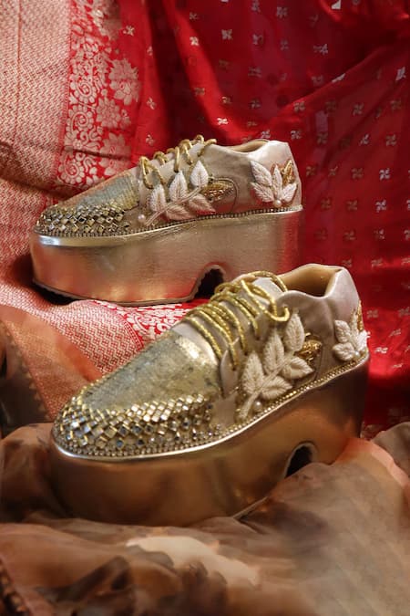 Shop_Chal Jooti_Gold Luxe And Ivory Embellished Sneakers _Online_at_Aza_Fashions