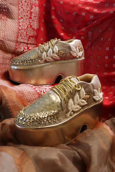 Shop_Chal Jooti_Gold Pearls, Sequins, Stones, Beads Luxe Designer Sneakers _Online_at_Aza_Fashions