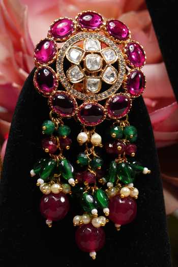 Buy_Amaara Jewels_Pink Stones, Diamonds Floral Carved Embellished Choker Set