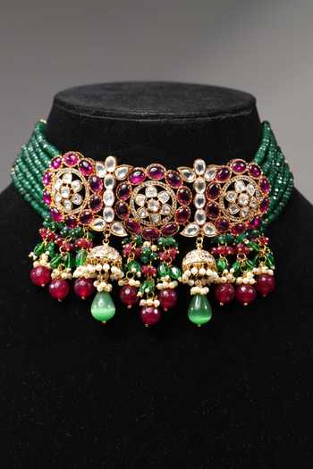 Shop_Amaara Jewels_Pink Stones, Diamonds Floral Carved Embellished Choker Set