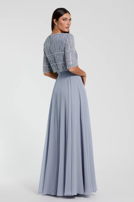 Shop_Mac Duggal_Blue Polyester Beads, Sequins Round Neck And Embroidered Gown _at_Aza_Fashions