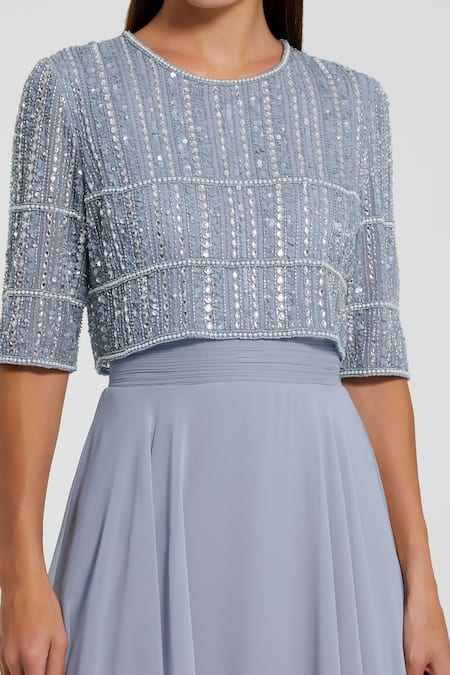 Mac Duggal_Blue Polyester Beads, Sequins Round Neck And Embroidered Gown _Online_at_Aza_Fashions