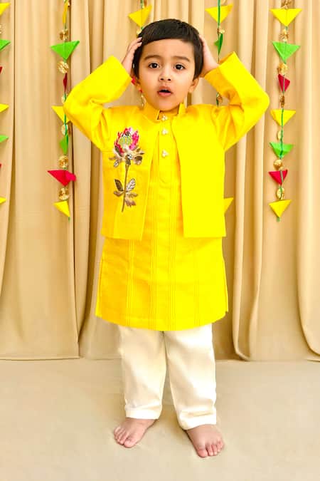 Byb Premium_Yellow Tissue Sequins, Beads Floral Embroidered Bundi Kurta Set _at_Aza_Fashions