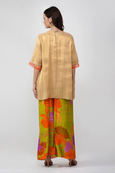 Shop Devyani Mehrotra Gold Tissue Chanderi Printed Geometric Round Tunic And Flared Pant Set at Aza Fashions Shop_Devyani Mehrotra_Gold Tissue Chanderi Printed Geometric Round Tunic And Flared Pant Set_at_Aza_Fashions