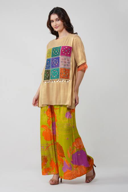 Buy Devyani Mehrotra Gold Tissue Chanderi Printed Geometric Round Tunic And Flared Pant Set Online at Aza Fashions Buy_Devyani Mehrotra_Gold Tissue Chanderi Printed Geometric Round Tunic And Flared Pant Set_Online_at_Aza_Fashions