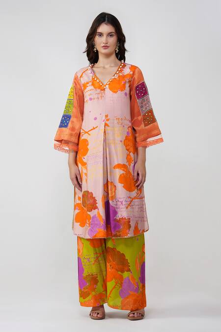 Devyani Mehrotra_Multi Color Viscose Muslin Printed Multicolor Embroidered Kurta And Pant Set_Online_at_Aza_Fashions