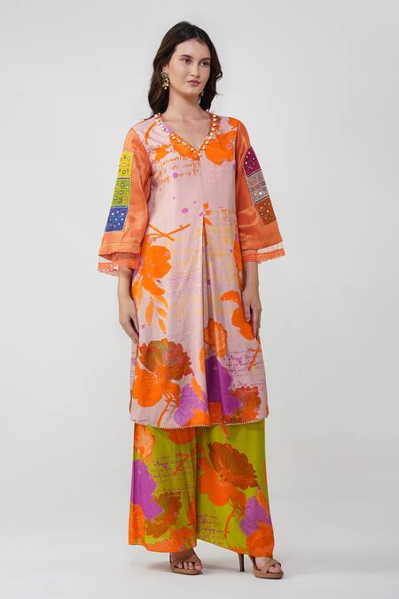 Buy_Devyani Mehrotra_Multi Color Viscose Muslin Printed Multicolor Embroidered Kurta And Pant Set_Online_at_Aza_Fashions