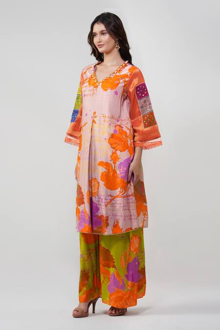 Shop_Devyani Mehrotra_Multi Color Viscose Muslin Printed Multicolor Embroidered Kurta And Pant Set_Online_at_Aza_Fashions