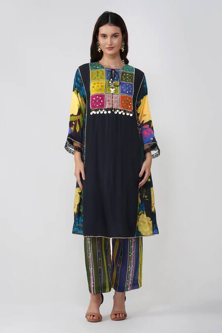 Devyani Mehrotra_Black Viscose Muslin Printed Geometric Keyhole Patchwork Kurta And Pant Set_Online_at_Aza_Fashions