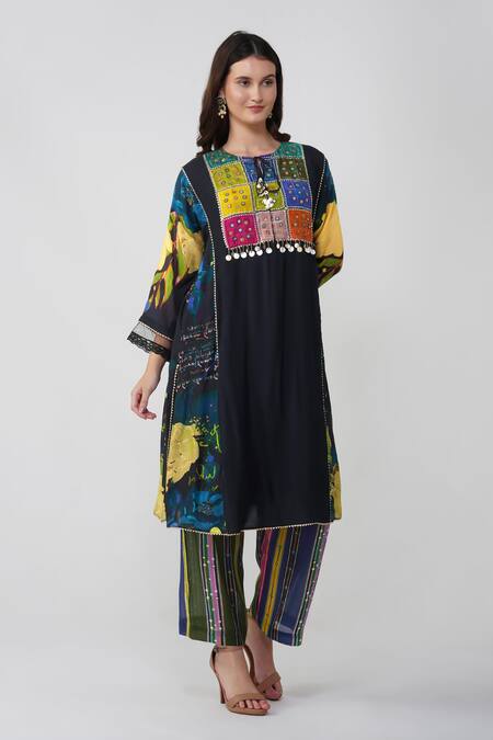 Buy_Devyani Mehrotra_Black Viscose Muslin Printed Geometric Keyhole Patchwork Kurta And Pant Set_Online_at_Aza_Fashions