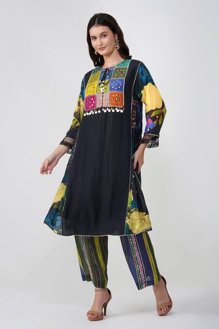 Shop_Devyani Mehrotra_Black Viscose Muslin Printed Geometric Keyhole Patchwork Kurta And Pant Set_Online_at_Aza_Fashions
