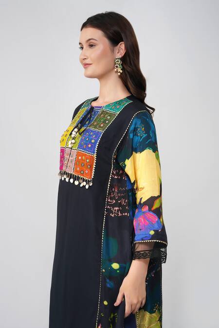 Devyani Mehrotra_Black Viscose Muslin Printed Geometric Keyhole Patchwork Kurta And Pant Set_at_Aza_Fashions