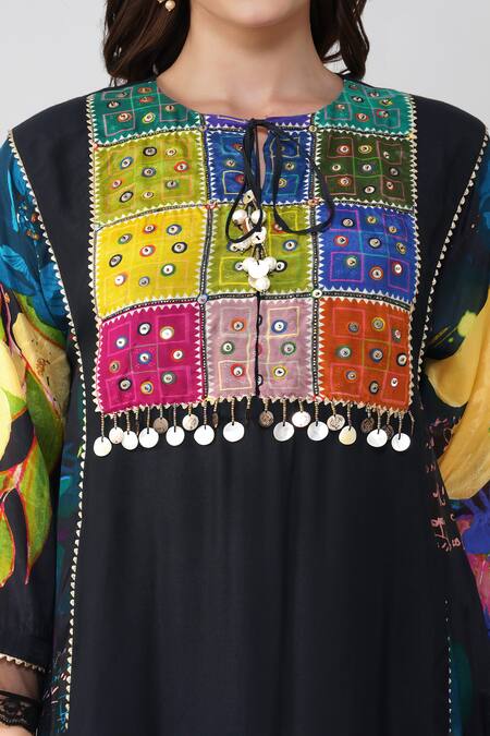 Shop_Devyani Mehrotra_Black Viscose Muslin Printed Geometric Keyhole Patchwork Kurta And Pant Set