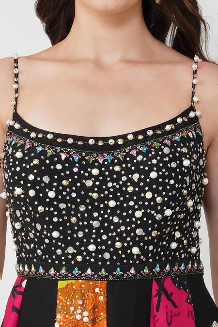 Devyani Mehrotra Black Viscose Dupion Printed Flower Square Neck Anarkali Set Online at Aza Fashions Devyani Mehrotra_Black Viscose Dupion Printed Flower Square Neck Anarkali Set_Online_at_Aza_Fashions