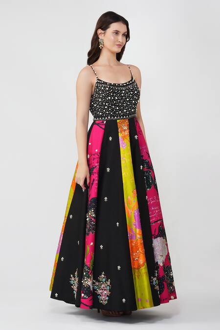 Buy Devyani Mehrotra Black Viscose Dupion Printed Flower Square Neck Anarkali Set Buy_Devyani Mehrotra_Black Viscose Dupion Printed Flower Square Neck Anarkali Set