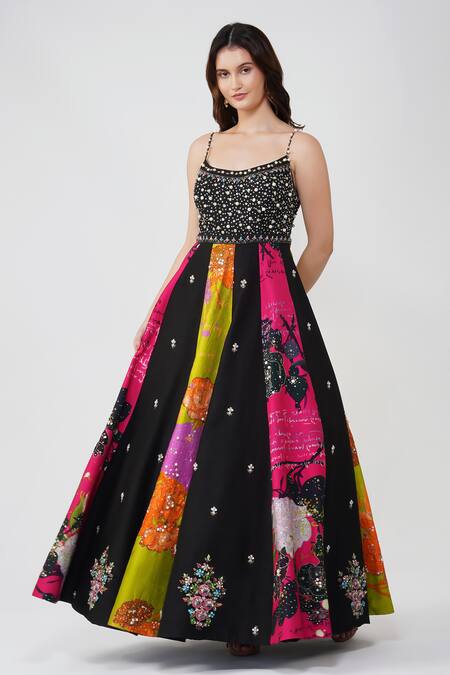 Shop Devyani Mehrotra Black Viscose Dupion Printed Flower Square Neck Anarkali Set Shop_Devyani Mehrotra_Black Viscose Dupion Printed Flower Square Neck Anarkali Set