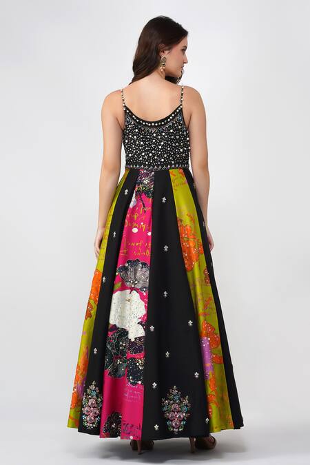 Shop Devyani Mehrotra Black Viscose Dupion Printed Flower Square Neck Anarkali Set at Aza Fashions Shop_Devyani Mehrotra_Black Viscose Dupion Printed Flower Square Neck Anarkali Set_at_Aza_Fashions