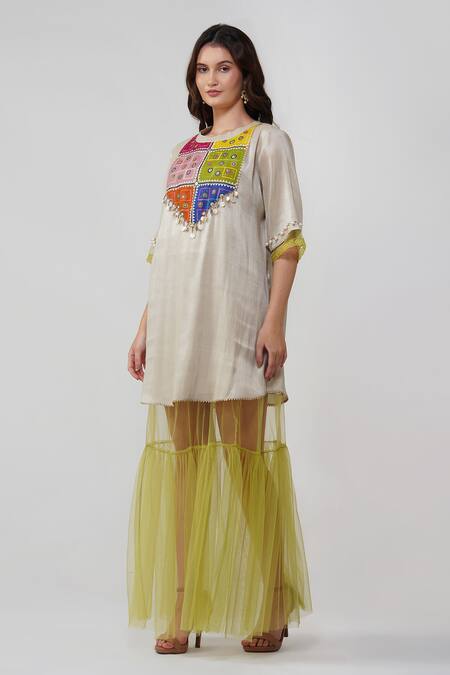 Devyani Mehrotra Silver Tissue Chanderi Printed Geometric Round Patchwork Dress Online at Aza Fashions Devyani Mehrotra_Silver Tissue Chanderi Printed Geometric Round Patchwork Dress_Online_at_Aza_Fashions