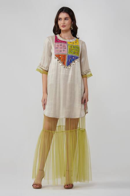 Shop Devyani Mehrotra Silver Tissue Chanderi Printed Geometric Round Patchwork Dress Online at Aza Fashions Shop_Devyani Mehrotra_Silver Tissue Chanderi Printed Geometric Round Patchwork Dress_Online_at_Aza_Fashions