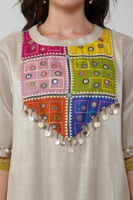 Devyani Mehrotra Silver Tissue Chanderi Printed Geometric Round Patchwork Dress at Aza Fashions Devyani Mehrotra_Silver Tissue Chanderi Printed Geometric Round Patchwork Dress_at_Aza_Fashions