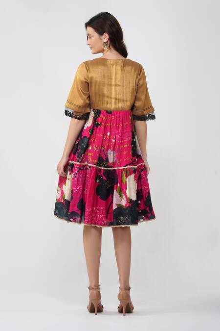 Shop_Devyani Mehrotra_Gold Viscose Muslin Printed Geometric Patchwork Round Floral Tiered Midi Dress_at_Aza_Fashions