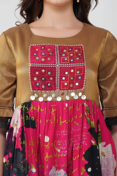 Devyani Mehrotra_Gold Viscose Muslin Printed Geometric Patchwork Round Floral Tiered Midi Dress_Online_at_Aza_Fashions