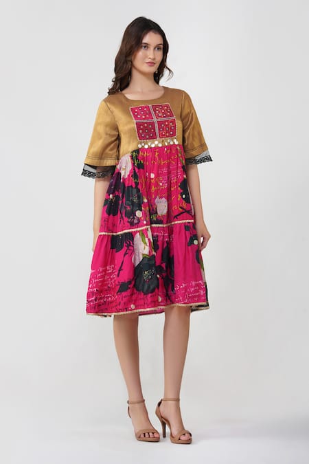 Buy_Devyani Mehrotra_Gold Viscose Muslin Printed Geometric Patchwork Round Floral Tiered Midi Dress_Online_at_Aza_Fashions