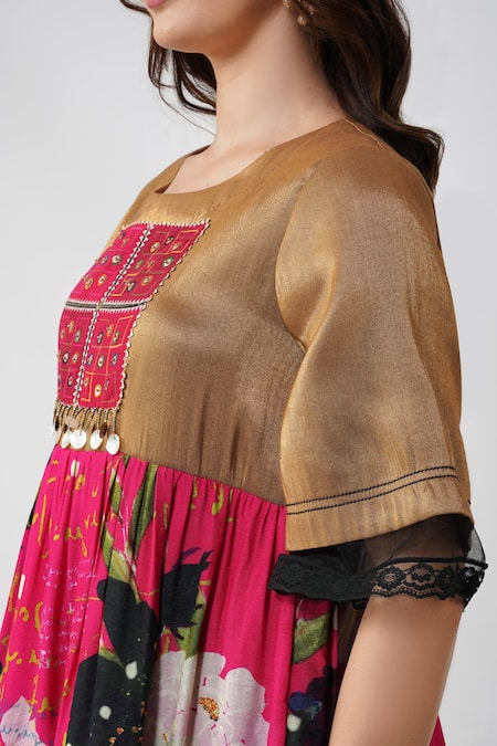 Shop_Devyani Mehrotra_Gold Viscose Muslin Printed Geometric Patchwork Round Floral Tiered Midi Dress_Online_at_Aza_Fashions