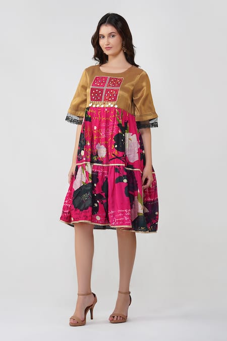 Devyani Mehrotra_Gold Viscose Muslin Printed Geometric Patchwork Round Floral Tiered Midi Dress_at_Aza_Fashions