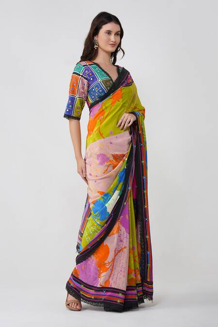 Devyani Mehrotra Multi Color Viscose Crepe Printed Floral V Neck Multicolor Saree Set Online at Aza Fashions Devyani Mehrotra_Multi Color Viscose Crepe Printed Floral V Neck Multicolor Saree Set_Online_at_Aza_Fashions
