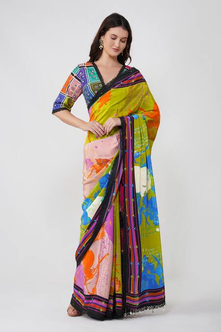 Buy Devyani Mehrotra Multi Color Viscose Crepe Printed Floral V Neck Multicolor Saree Set Online at Aza Fashions Buy_Devyani Mehrotra_Multi Color Viscose Crepe Printed Floral V Neck Multicolor Saree Set_Online_at_Aza_Fashions