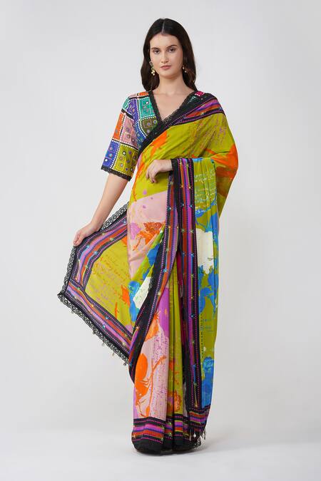 Buy Devyani Mehrotra Multi Color Viscose Crepe Printed Floral V Neck Multicolor Saree Set Buy_Devyani Mehrotra_Multi Color Viscose Crepe Printed Floral V Neck Multicolor Saree Set