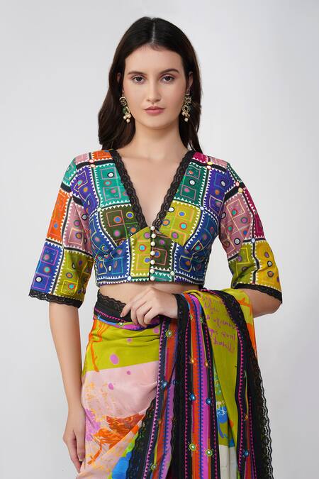 Shop Devyani Mehrotra Multi Color Viscose Crepe Printed Floral V Neck Multicolor Saree Set Shop_Devyani Mehrotra_Multi Color Viscose Crepe Printed Floral V Neck Multicolor Saree Set