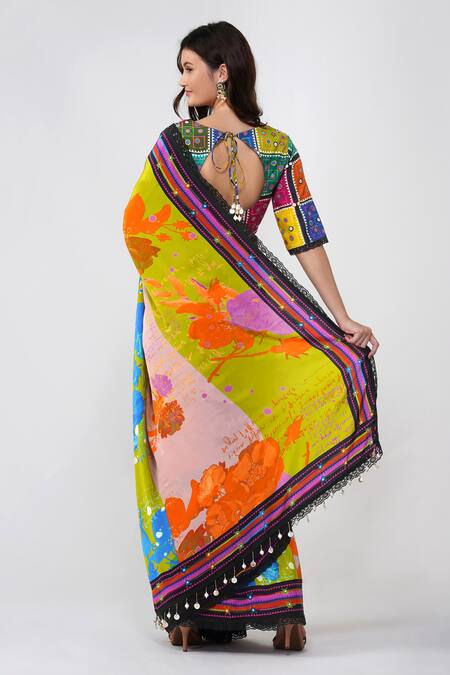 Shop Devyani Mehrotra Multi Color Viscose Crepe Printed Floral V Neck Multicolor Saree Set at Aza Fashions Shop_Devyani Mehrotra_Multi Color Viscose Crepe Printed Floral V Neck Multicolor Saree Set_at_Aza_Fashions
