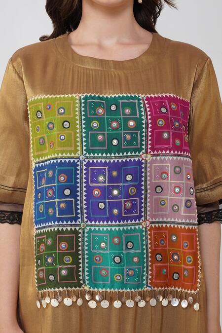 Buy Devyani Mehrotra Gold Tissue Chanderi Printed Geometric Round Patchwork Kurta Set Buy_Devyani Mehrotra_Gold Tissue Chanderi Printed Geometric Round Patchwork Kurta Set