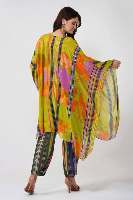 Shop_Devyani Mehrotra_Green Viscose Muslin Printed Bloom Round Kaftan And Pant Set_at_Aza_Fashions