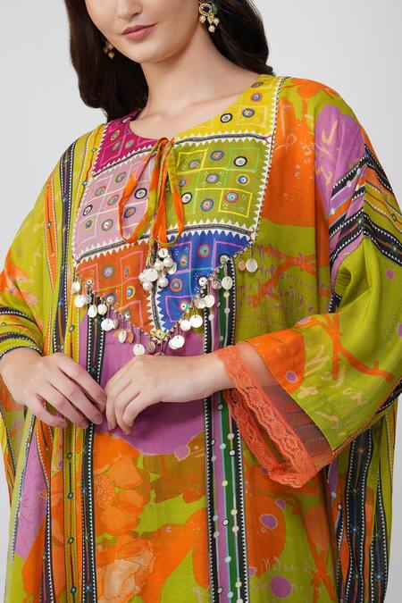 Devyani Mehrotra_Green Viscose Muslin Printed Bloom Round Kaftan And Pant Set_Online_at_Aza_Fashions