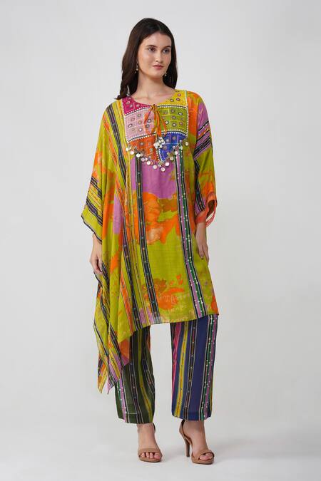 Buy_Devyani Mehrotra_Green Viscose Muslin Printed Bloom Round Kaftan And Pant Set_Online_at_Aza_Fashions