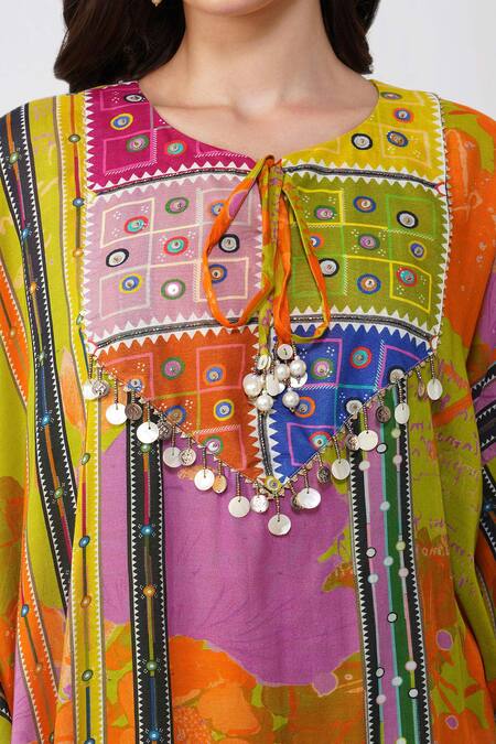 Buy_Devyani Mehrotra_Green Viscose Muslin Printed Bloom Round Kaftan And Pant Set