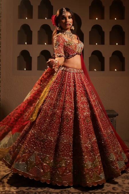 Kapda Dori Maroon Silk, Net Crystals, Sequins, Pearls, Cut Work, Bridal Lehenga Set Online at Aza Fashions Kapda Dori_Maroon Silk, Net Crystals, Sequins, Pearls, Cut Work, Bridal Lehenga Set_Online_at_Aza_Fashions