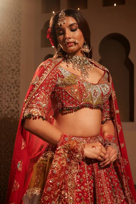 Shop Kapda Dori Maroon Silk, Net Crystals, Sequins, Pearls, Cut Work, Bridal Lehenga Set Online at Aza Fashions Shop_Kapda Dori_Maroon Silk, Net Crystals, Sequins, Pearls, Cut Work, Bridal Lehenga Set_Online_at_Aza_Fashions