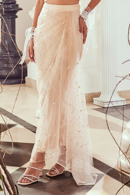 Swish By Dolcy And Simran_Pink Net Sequins, Cut Work Sweetheart Embroidered Corset Blouse And Draped Skirt _Online_at_Aza_Fashions