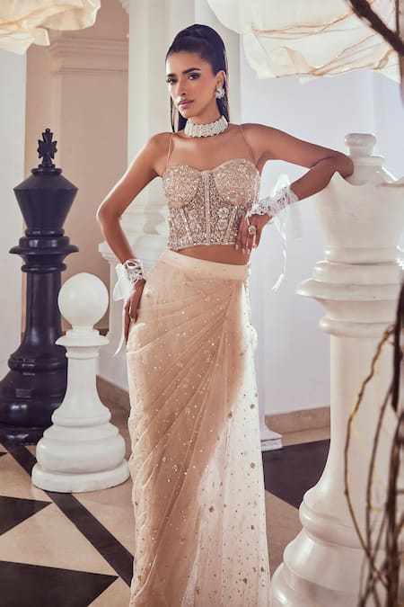 Buy_Swish By Dolcy And Simran_Pink Net Sequins, Cut Work Sweetheart Embroidered Corset Blouse And Draped Skirt _Online_at_Aza_Fashions