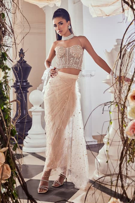 Buy_Swish By Dolcy And Simran_Pink Net Sequins, Cut Work Sweetheart Embroidered Corset Blouse And Draped Skirt 