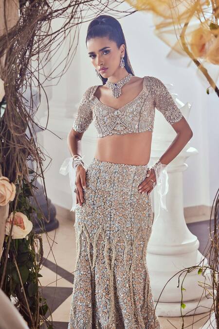 Shop_Swish By Dolcy And Simran_Blue Net Sequins, Cut Work Celeste Embroidered Fishcut Lehenga And Blouse _Online_at_Aza_Fashions