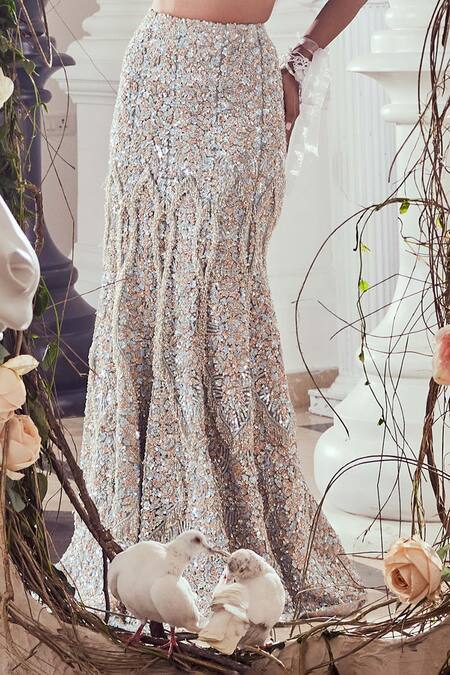 Swish By Dolcy And Simran_Blue Net Sequins, Cut Work Celeste Embroidered Fishcut Lehenga And Blouse _at_Aza_Fashions