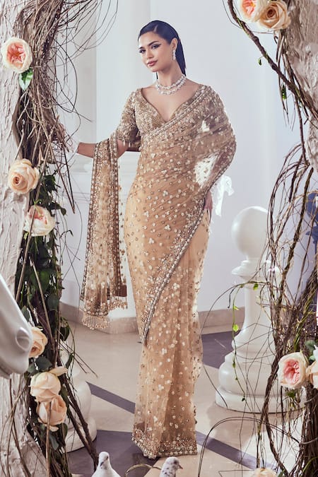 Swish By Dolcy And Simran Beige Gold Embroidered Saree & Blouse 