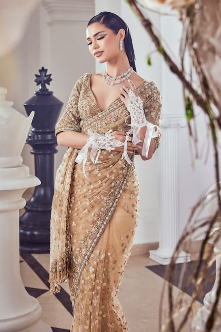 Swish By Dolcy And Simran Beige Gold Embroidered Saree & Blouse 